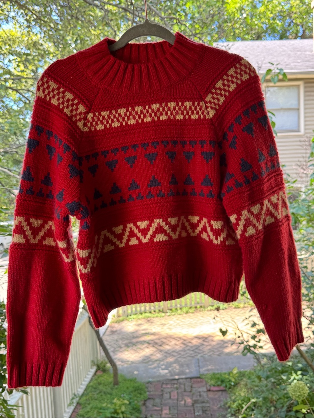 Universal Thread Red Fair Isle Crewneck Sweater with Cream & Navy Accents